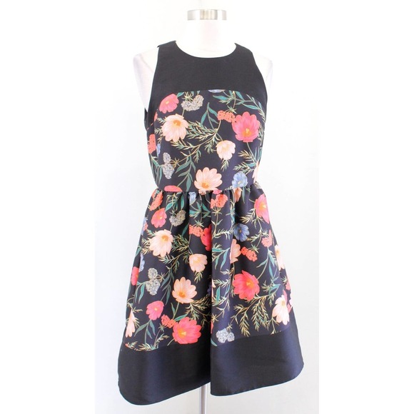 Kate Spade Blossom Mikado Fit and Flare Garden Floral Print Dress Size 4 Black - Picture 2 of 9